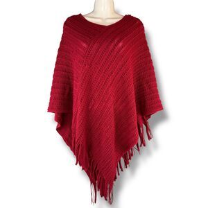 Kimberly.C Pink Short Sleeve Knit Poncho Fringe Detailing One Size Boho Retro